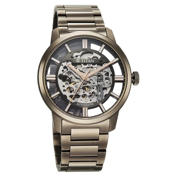 Titan 90220QM01 | Titan See-Through Skeletal Automatic Analog with Black Dial Copper Brown Stainless Steel Strap Watch for Men