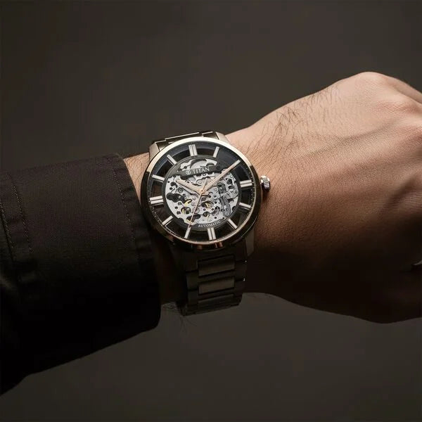 Titan 90220QM01 | Titan See-Through Skeletal Automatic Analog with Black Dial Copper Brown Stainless Steel Strap Watch for Men