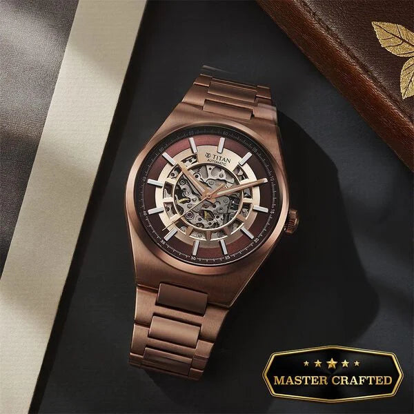 Titan 90221QM01 | Titan Nexus Skeletal Automatic Analog with Brown Dial Brown Stainless Steel Strap Watch for Men