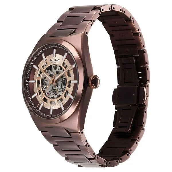 Titan 90221QM01 | Titan Nexus Skeletal Automatic Analog with Brown Dial Brown Stainless Steel Strap Watch for Men