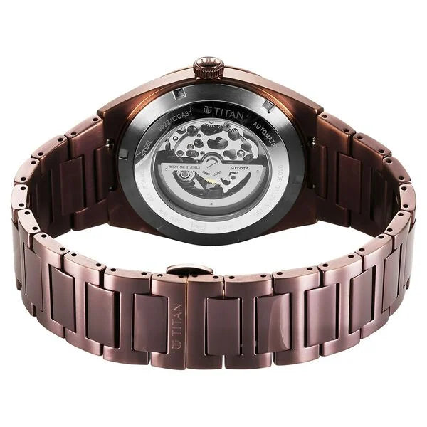 Titan 90221QM01 | Titan Nexus Skeletal Automatic Analog with Brown Dial Brown Stainless Steel Strap Watch for Men
