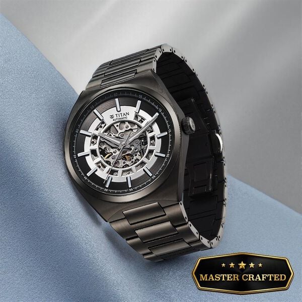 Titan 90221QM02 | Titan Nexus Skeletal Automatic Analog with Gun Dial Gun Stainless Steel Strap Watch for Men
