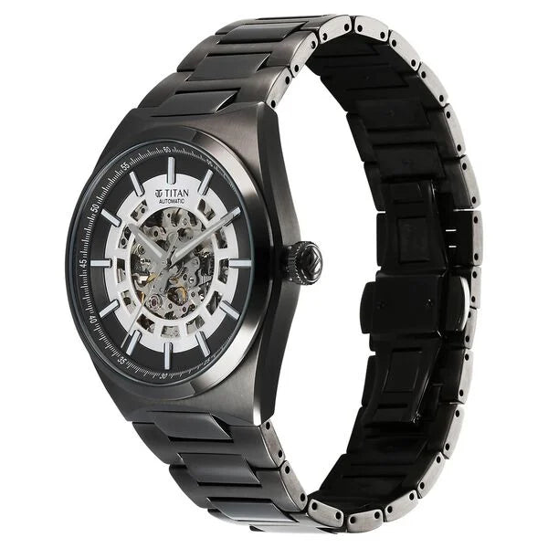 Titan 90221QM02 | Titan Nexus Skeletal Automatic Analog with Gun Dial Gun Stainless Steel Strap Watch for Men