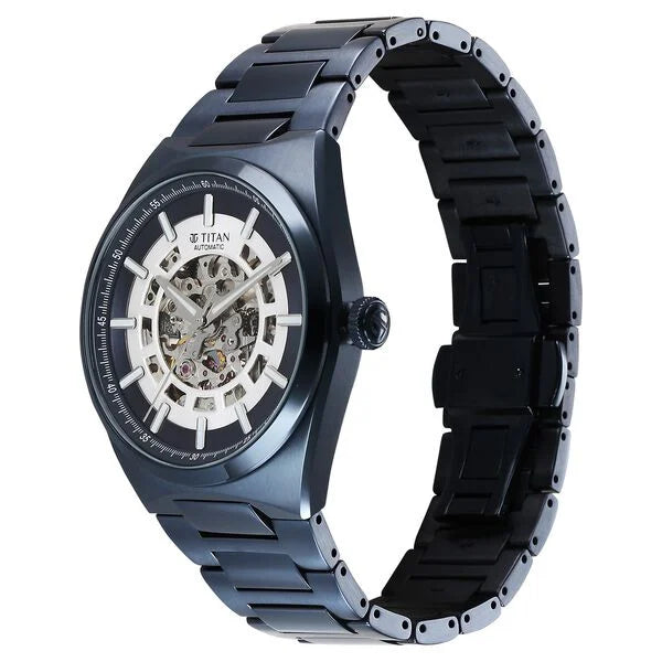 Titan 90221QM03 | Titan Nexus Skeletal Automatic Analog with Blue Dial Blue Stainless Steel Strap Watch for Men
