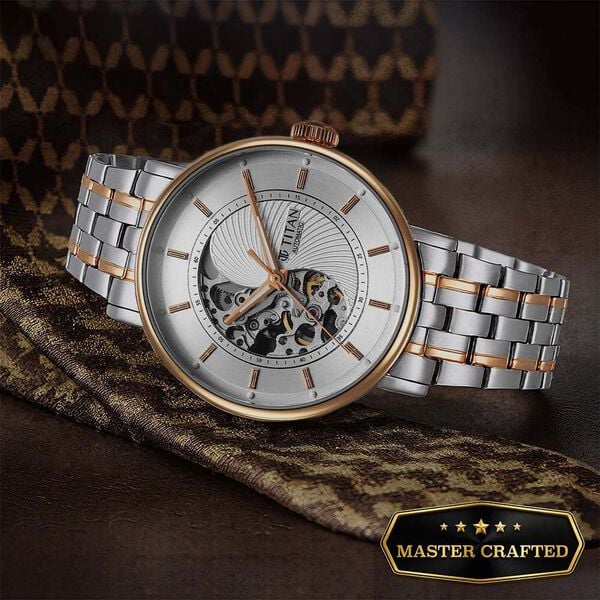 Titan 90222KM01 | Titan Yin Yang Skeletal Automatic Analog with White Dial Silver and Rose Gold Stainless Steel Strap Watch for Men