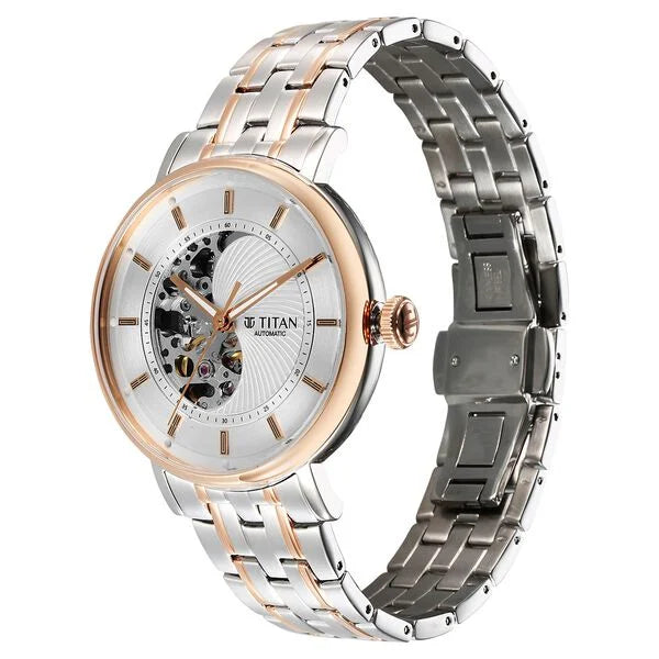 Titan 90222KM01 | Titan Yin Yang Skeletal Automatic Analog with White Dial Silver and Rose Gold Stainless Steel Strap Watch for Men