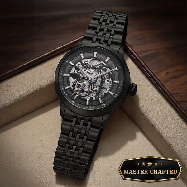 Titan 90223NM01 | Titan Phoenix Skeletal Automatic Analog with Gun Dial Black Stainless Steel Strap Watch for Men