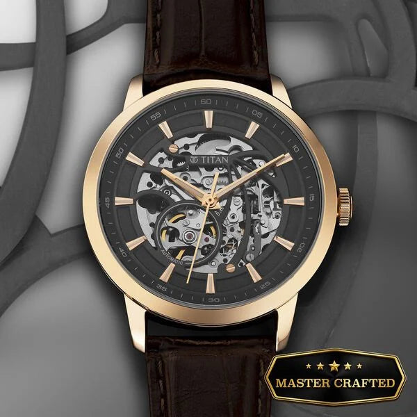 Titan 90223WL01 | Titan Phoenix Skeletal Automatic Analog with Gun Dial Brown Leather Strap Watch for Men