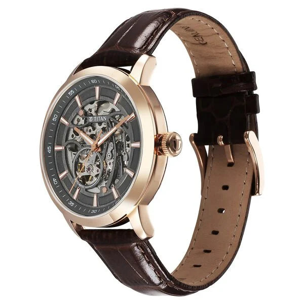 Titan 90223WL01 | Titan Phoenix Skeletal Automatic Analog with Gun Dial Brown Leather Strap Watch for Men