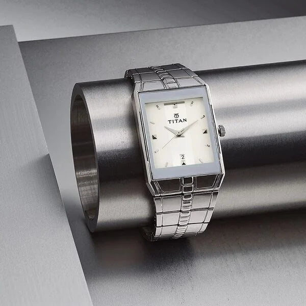 Titan 9151SM01 | Titan Quartz Analog with Date White Dial Stainless Steel Strap Watch for Men