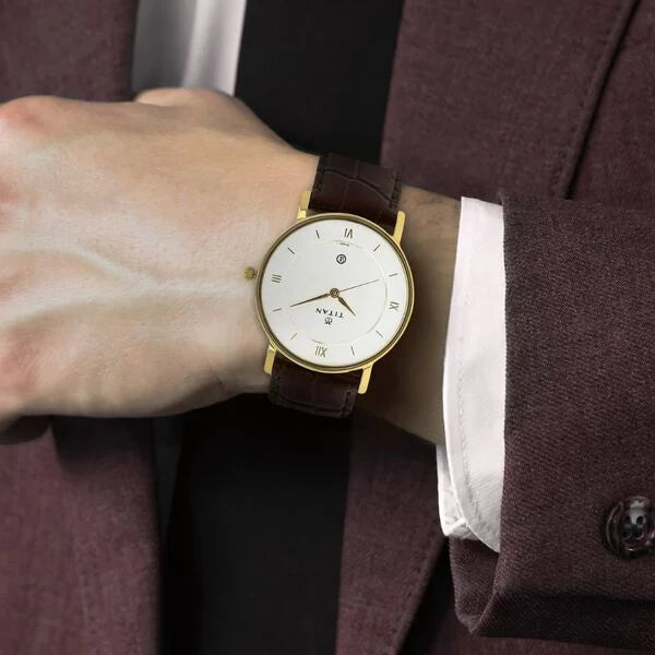 Titan 9162YL01 |  Titan Quartz Analog with Date White Dial Leather Strap Watch for Men