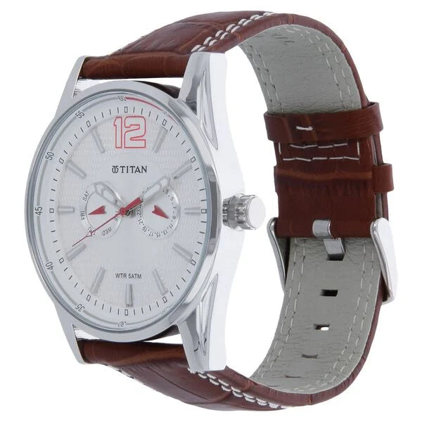 Titan 9322SL06 | Titan Quartz Multifunction Silver Dial Leather Strap Watch for Men