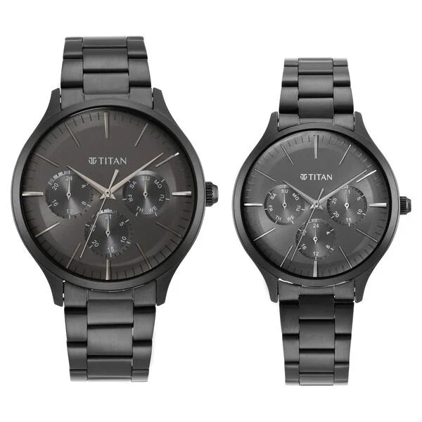 Titan 9400494204NM01P | Titan Bandhan Black Dial Quartz Multifunction Stainless Steel Strap watch for Couple.