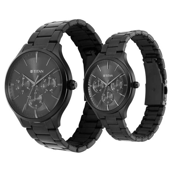 Titan 9400494204NM01P | Titan Bandhan Black Dial Quartz Multifunction Stainless Steel Strap watch for Couple.