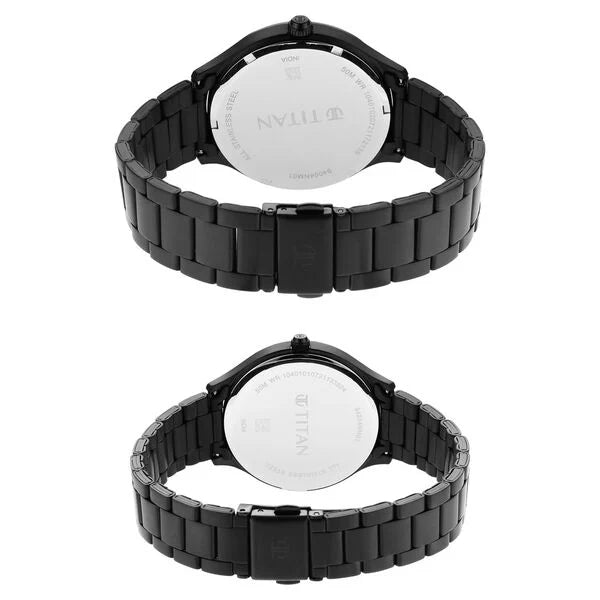 Titan 9400494204NM01P | Titan Bandhan Black Dial Quartz Multifunction Stainless Steel Strap watch for Couple.