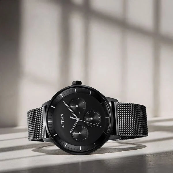 Titan 94006NM01 | Titan Modern Classics Black Dial Quartz Multifunction Stainless Steel Strap watch for Men