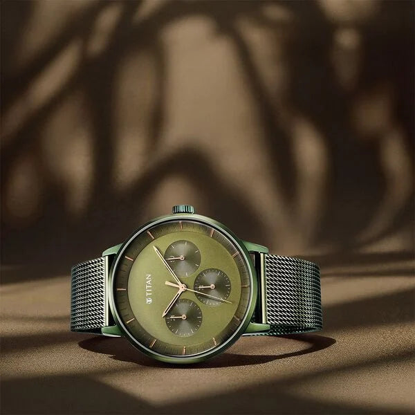 Titan 94006QM03 | Titan Modern Classics Green Dial Quartz Multifunction Stainless Steel Strap Watch for Men