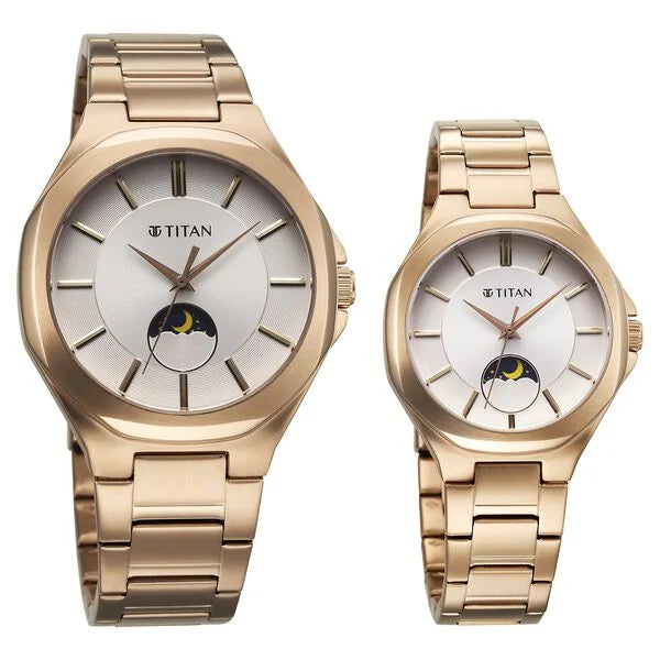 Titan 9400994209WM01 | Titan Bandhan Quartz Analog With Sun - Moon Silver Dial Rose Gold Stainless Steel Strap Watch For Couple