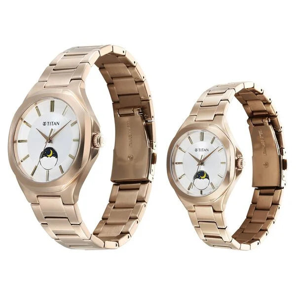 Titan 9400994209WM01 | Titan Bandhan Quartz Analog With Sun - Moon Silver Dial Rose Gold Stainless Steel Strap Watch For Couple