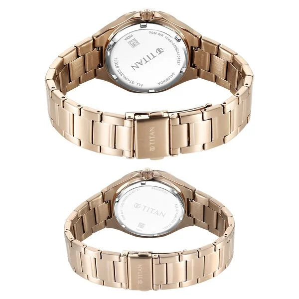 Titan 9400994209WM01 | Titan Bandhan Quartz Analog With Sun - Moon Silver Dial Rose Gold Stainless Steel Strap Watch For Couple