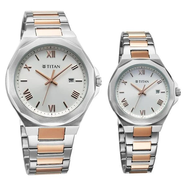 Titan 9401094210KM01 | Titan Bandhan Quartz Analog with Date White Dial Two Toned Stainless Steel Strap Watch For Couple