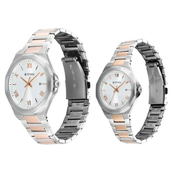 Titan 9401094210KM01 | Titan Bandhan Quartz Analog with Date White Dial Two Toned Stainless Steel Strap Watch For Couple