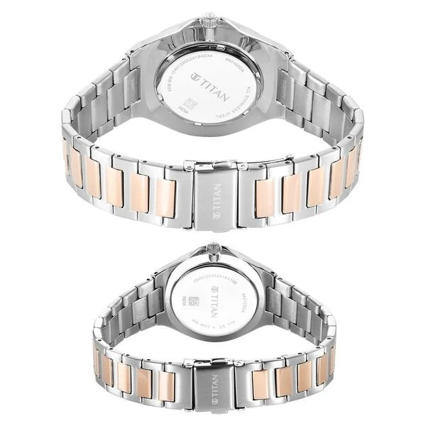 Titan 9401094210KM01 | Titan Bandhan Quartz Analog with Date White Dial Two Toned Stainless Steel Strap Watch For Couple