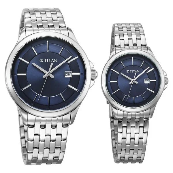 Titan 9401194211SM01 | Titan Bandhan Quartz Analog with Date Blue Dial Silver Stainless Steel Strap Watch For Couple