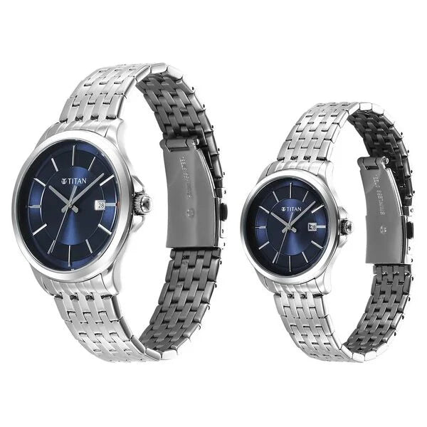 Titan 9401194211SM01 | Titan Bandhan Quartz Analog with Date Blue Dial Silver Stainless Steel Strap Watch For Couple