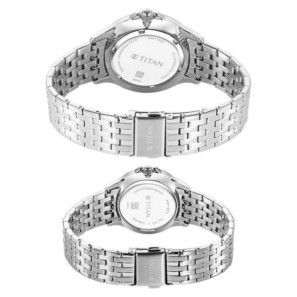 Titan 9401194211SM01 | Titan Bandhan Quartz Analog with Date Blue Dial Silver Stainless Steel Strap Watch For Couple