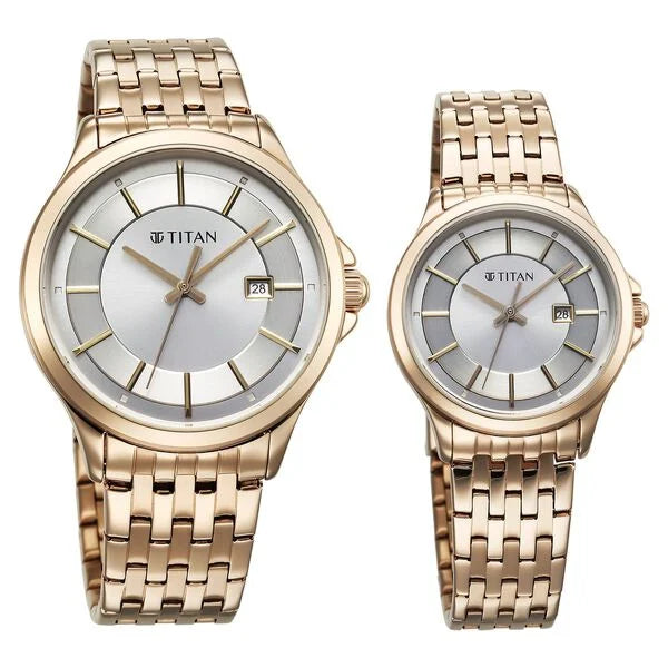 Titan 9401194211WM01 | Titan Bandhan Quartz Analog with Date Silver Dial Rose Gold Stainless Steel Strap Watch For Couple