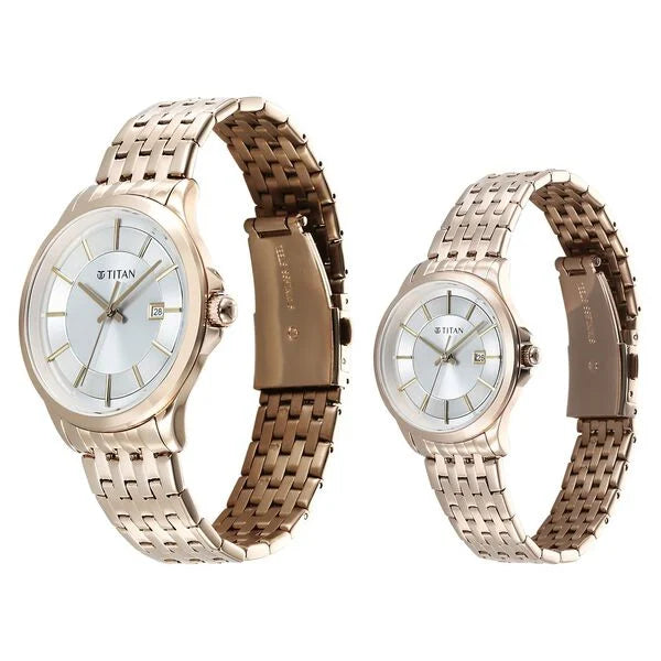 Titan 9401194211WM01 | Titan Bandhan Quartz Analog with Date Silver Dial Rose Gold Stainless Steel Strap Watch For Couple
