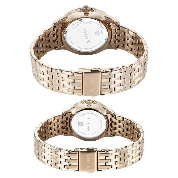 Titan 9401194211WM01 | Titan Bandhan Quartz Analog with Date Silver Dial Rose Gold Stainless Steel Strap Watch For Couple