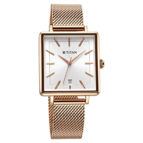 Titan 94205YM01 | Titan Minimalists Quartz Analog with Date Silver Dial Rose Gold Stainless Steel Strap Watch for Women