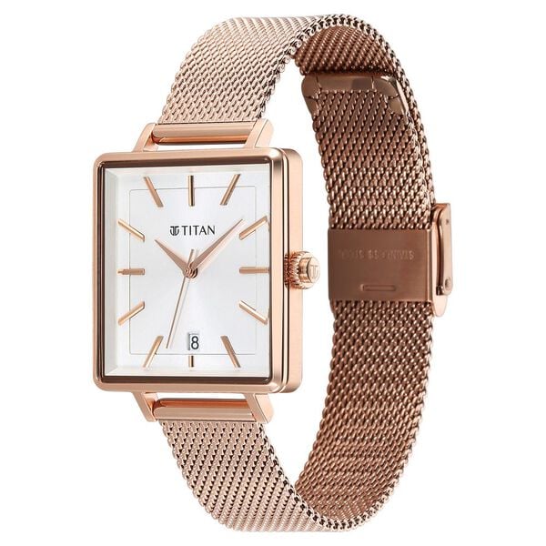 Titan 94205YM01 | Titan Minimalists Quartz Analog with Date Silver Dial Rose Gold Stainless Steel Strap Watch for Women