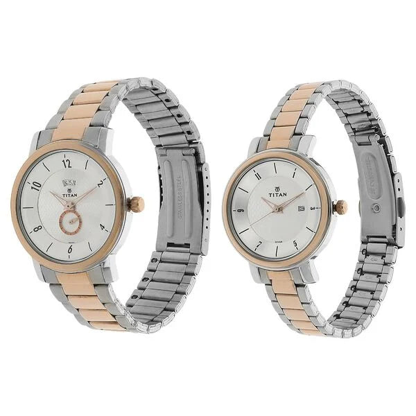 Titan Pair 9440255KM01 | Titan Bandhan Silver Dial Analog with Date Stainless Steel Strap watch for Couple