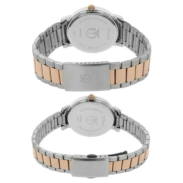 Titan Pair 9440255KM01 | Titan Bandhan Silver Dial Analog with Date Stainless Steel Strap watch for Couple
