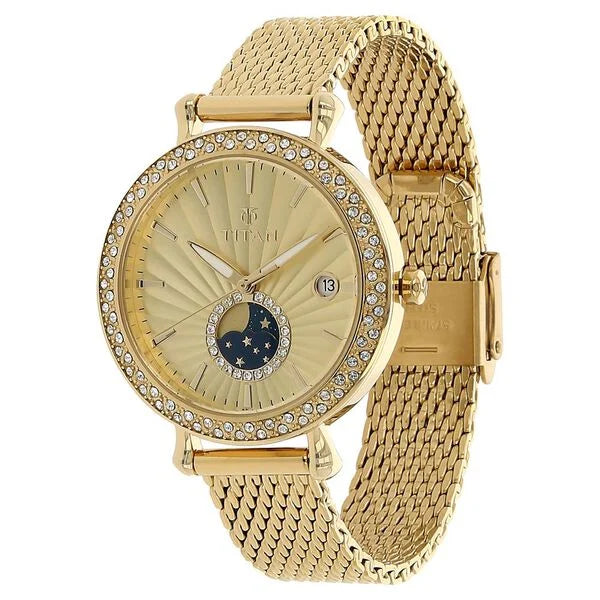 Titan 95015YM01 | Titan Quartz Analog Moonphase Champagne Dial Stainless Steel Strap Watch for Women