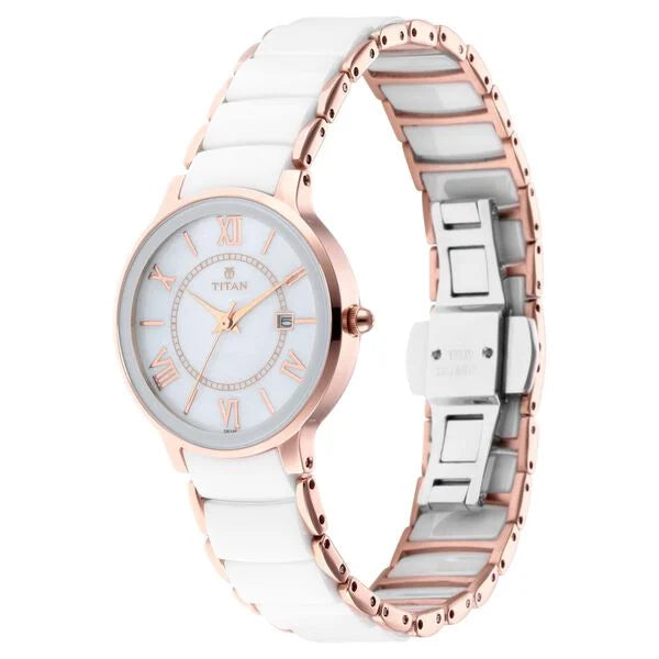 Titan 95016WD02 | Titan Quartz Analog with Date Mother of Pearl Dial Stainless Steel & Ceramic Strap Watch for Women