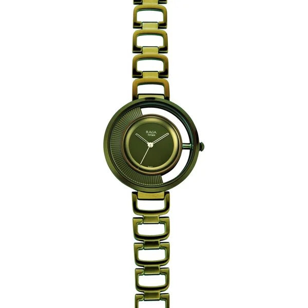 Titan 95140QM01 | Titan Raga Moments Of Joy Green Dial Women Watch With Metal Strap