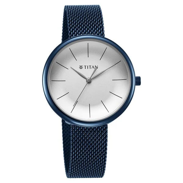 Titan 95182QM01 | Titan Slimline Quartz Analog White Dial Blue Stainless Steel Strap Watch for Women