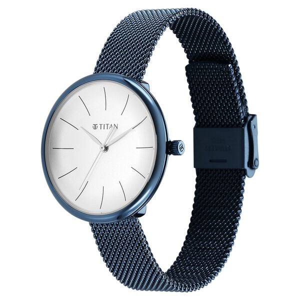 Titan 95182QM01 | Titan Slimline Quartz Analog White Dial Blue Stainless Steel Strap Watch for Women