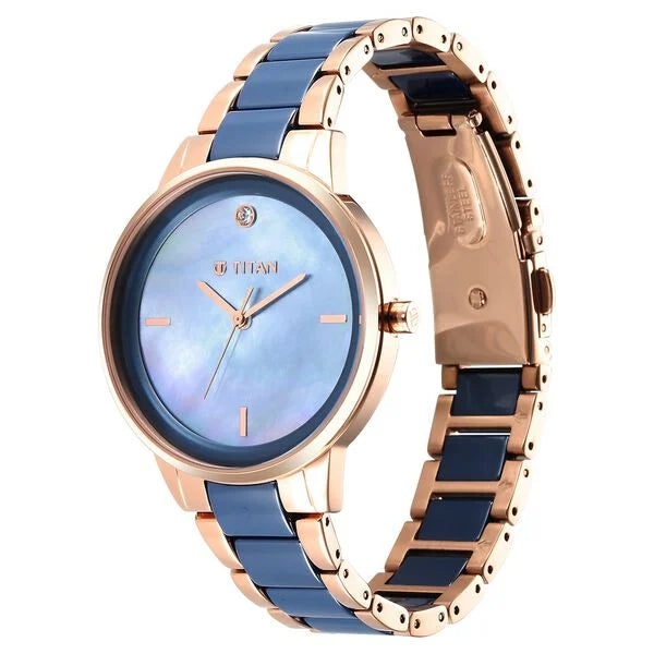 Titan 95213KD03 | Titan Purple Ceramics Blue Dial Analog Steel and Ceramic Strap watch for Women