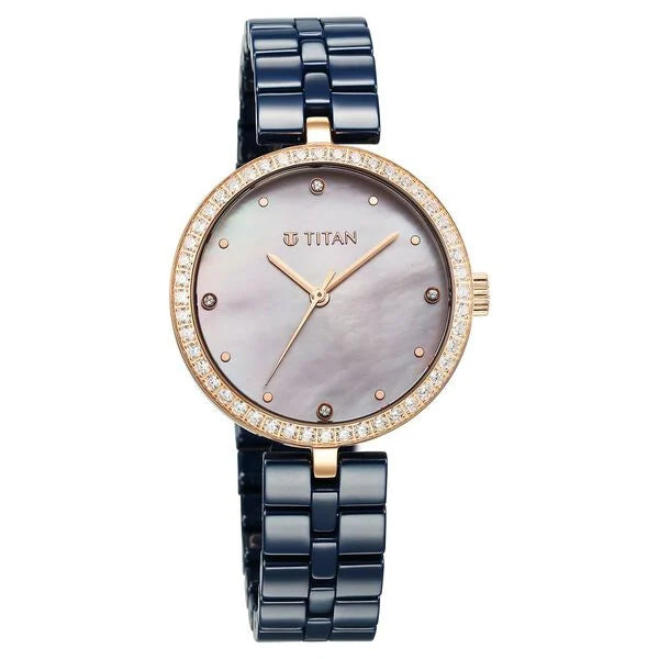 Titan 95215KC03 | Titan Purple Ceramics Quartz Analog Mother of Pearl Dial Blue Ceramic Strap Watch For Women