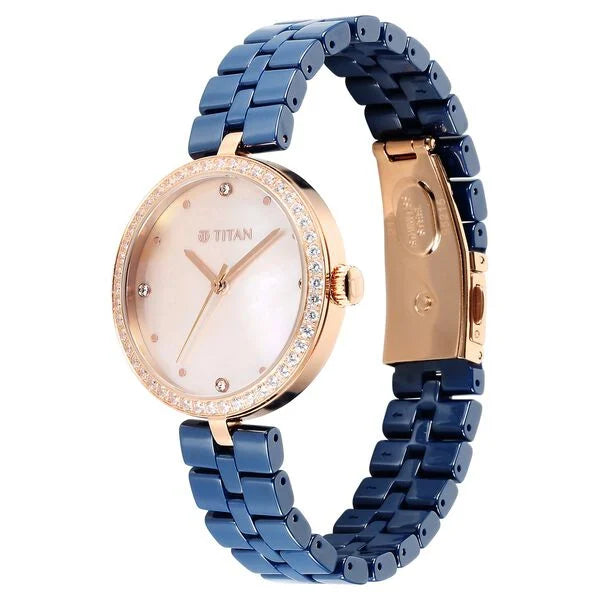 Titan 95215KC03 | Titan Purple Ceramics Quartz Analog Mother of Pearl Dial Blue Ceramic Strap Watch For Women
