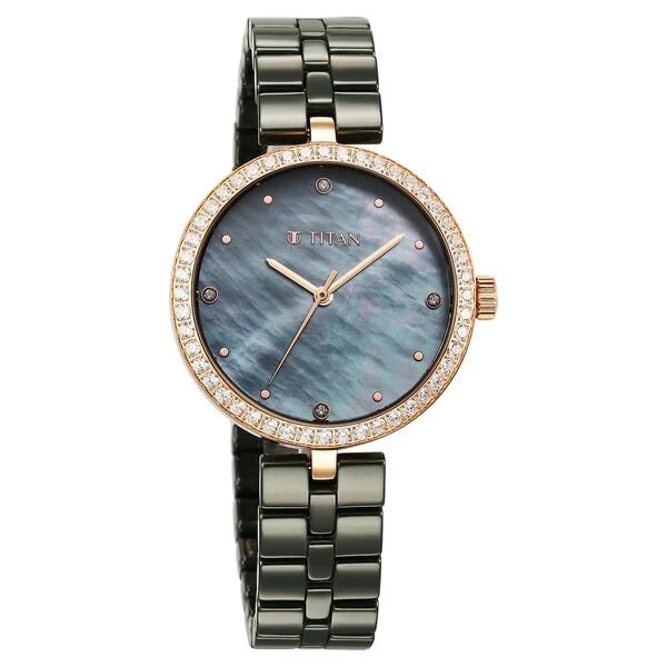 Titan 95215KC04 | Titan Purple Ceramics Quartz Analog Mother of Pearl Dial Green Ceramic Strap Watch For Women