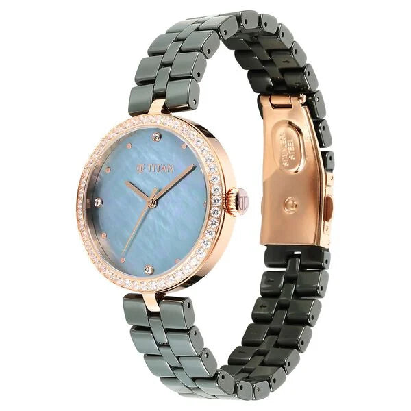 Titan 95215KC04 | Titan Purple Ceramics Quartz Analog Mother of Pearl Dial Green Ceramic Strap Watch For Women