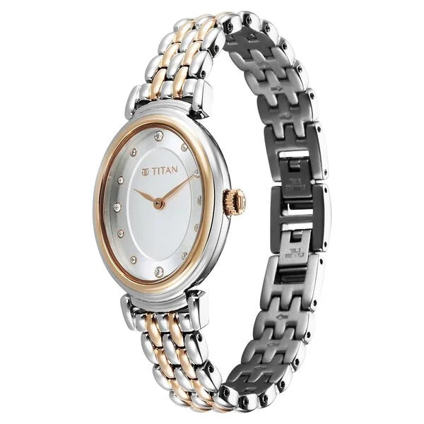 Titan 95242KM01 | Titan Aura Quartz Analog Silver Dial With Two Toned Stainless Steel Strap Watch For Women