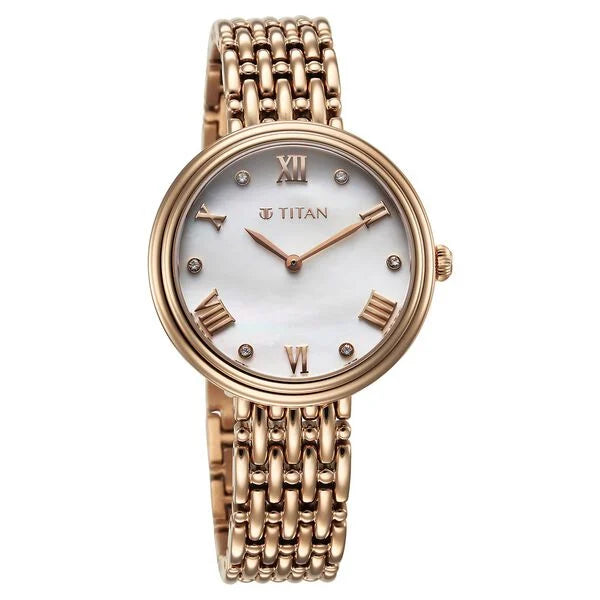 Titan 95243WM01 | Titan Aura Quartz Analog White Mother of Pearl Dial Rose Gold Stainless Steel Strap Watch for Women