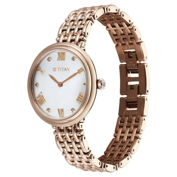 Titan 95243WM01 | Titan Aura Quartz Analog White Mother of Pearl Dial Rose Gold Stainless Steel Strap Watch for Women